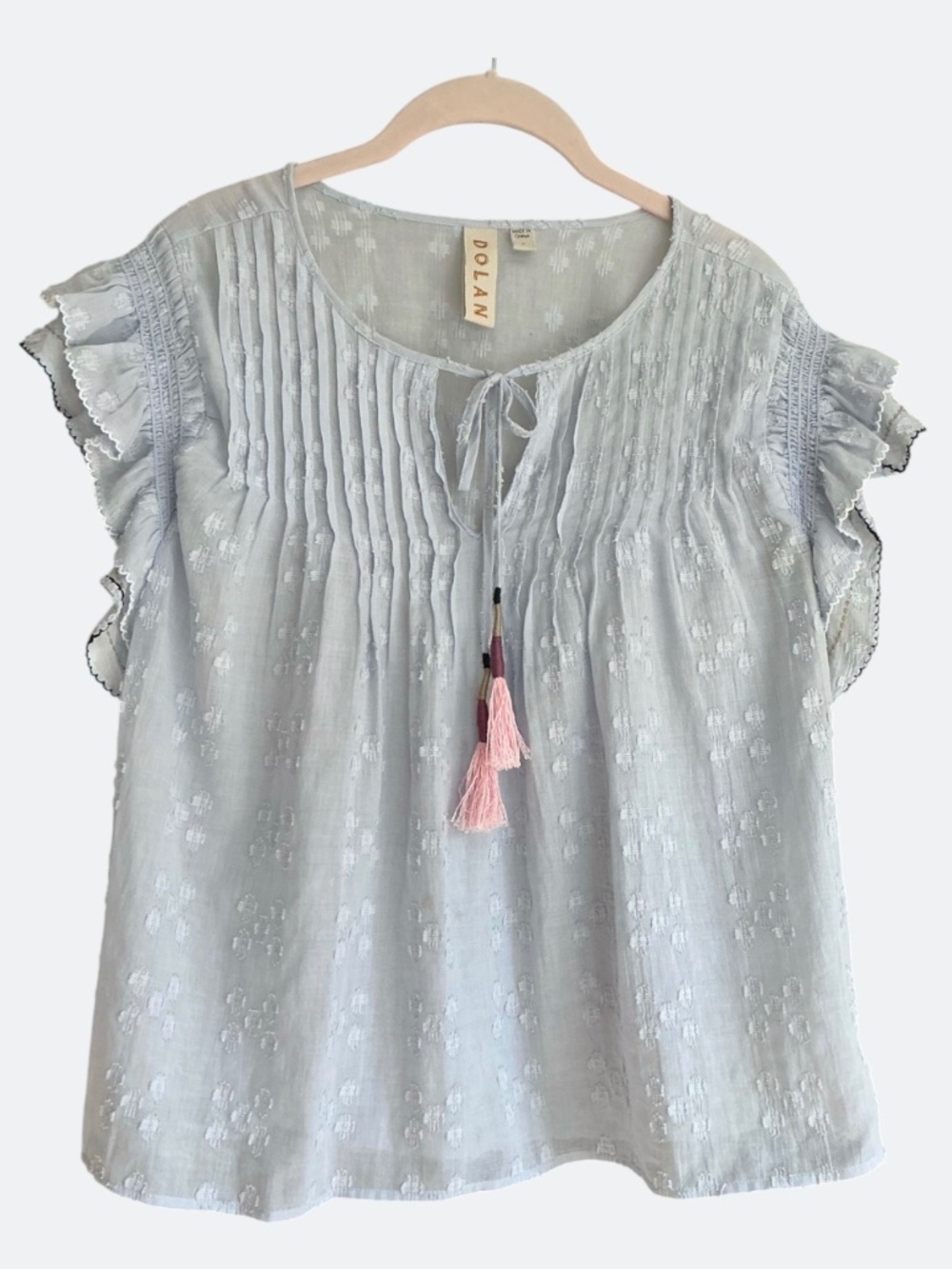 Anthropologie Dolan Light Blue Cotton Tassel Flutter Sleeve Boho Blouse SZ S